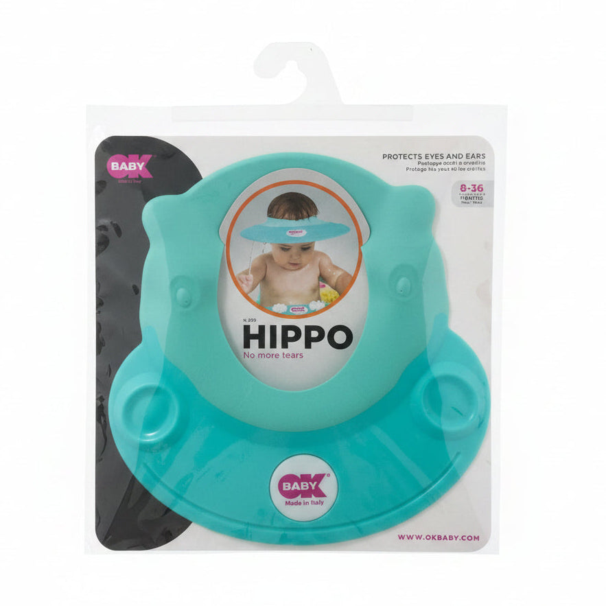 OK Baby Hippo visiera shampoo azzurra per bambini da 8 a 36 mesi, protegge occhi e orecchie durante il bagnetto con fascia regolabile e morbida.