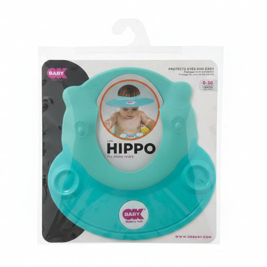 OK Baby Hippo visiera shampoo azzurra per bambini da 8 a 36 mesi, protegge occhi e orecchie durante il bagnetto con fascia regolabile e morbida.