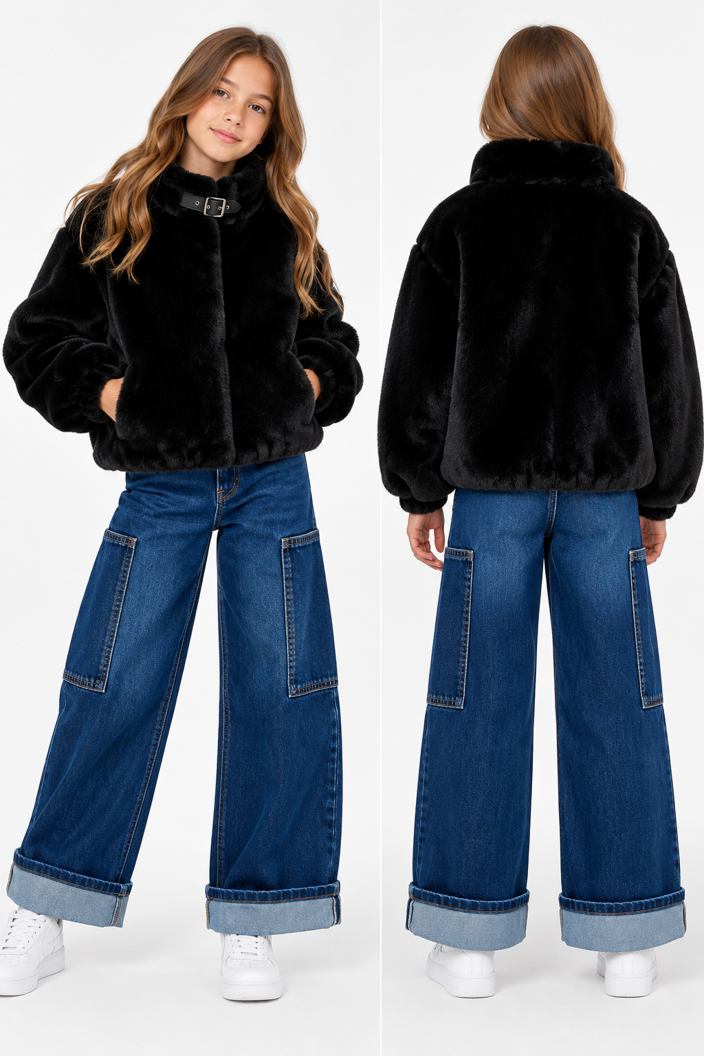 Outfit ragazza con pelliccia nera MaVie Paris, jeans ampi e sneakers bianche, vista frontale e posteriore.