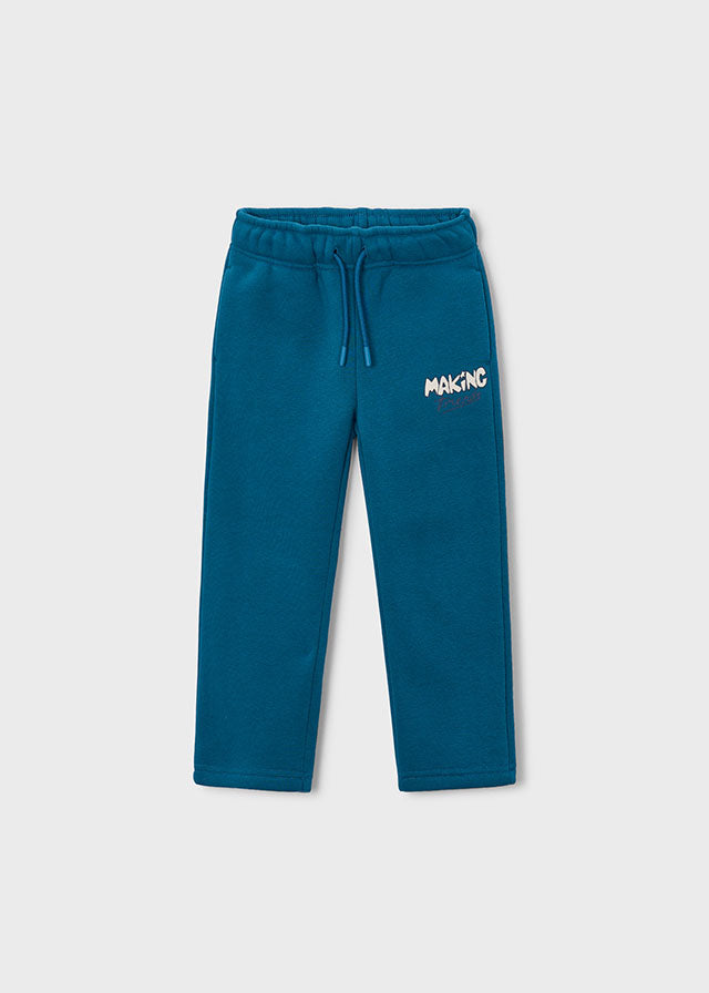 Pantalone bambino Mayoral blu petrolio vista frontale con coulisse e tasche
