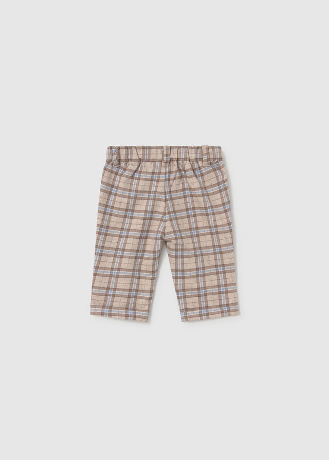 Pantalone neonato Mayoral a quadri marrone beige e azzurro con vita elasticizzata