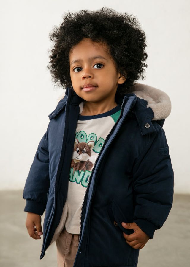 Parka blu navy neonato Mayoral con cappuccio e bordo effetto pelliccia