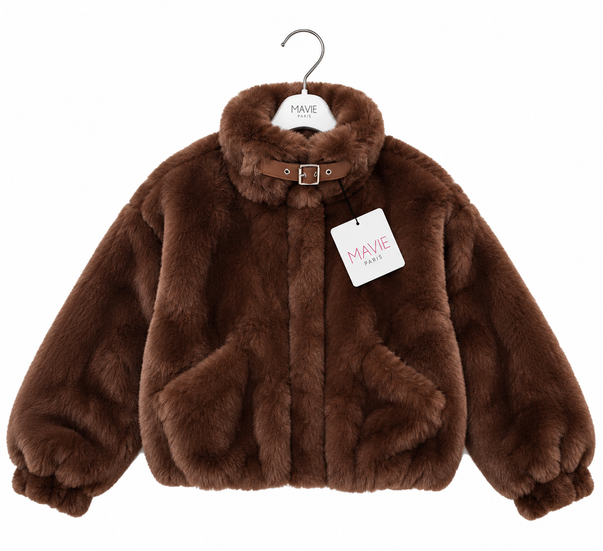 Pelliccia ecologica marrone MaVie Paris per ragazza con collo alto e fibbia decorativa, vista frontale su fondo bianco.