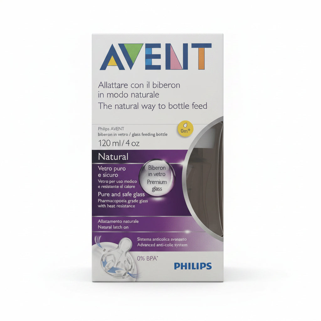 Philips Avent Biberon Natural in Vetro 120 ml con tettarella Prime Poppate 0m+, sistema anticolica e bottiglia in vetro borosilicato.