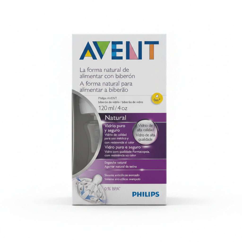 Philips Avent Biberon Natural in Vetro 120 ml con tettarella Prime Poppate 0m+, sistema anticolica e bottiglia in vetro borosilicato.