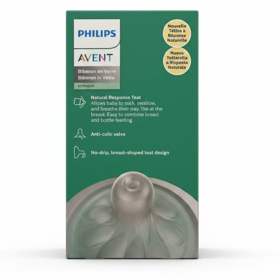 Philips Avent Biberon in Vetro Natural Response 120 ml con tettarella 0m+, vetro borosilicato, valvola anticolica e tecnologia Natural Response.