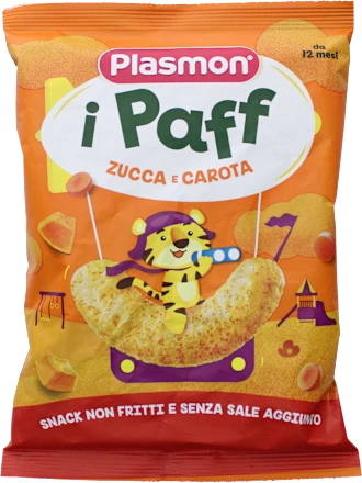 Confezione Plasmon i Paff Zucca e Carota da 15 g, snack per bambini dal 12° mese, non fritti e senza sale aggiunto.