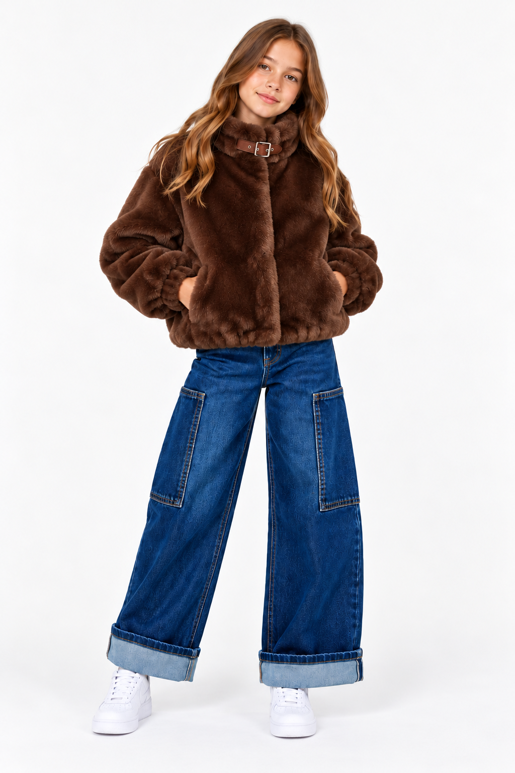 Ragazza con pelliccia ecologica marrone MaVie Paris, abbinata a jeans blu wide leg e sneakers bianche.