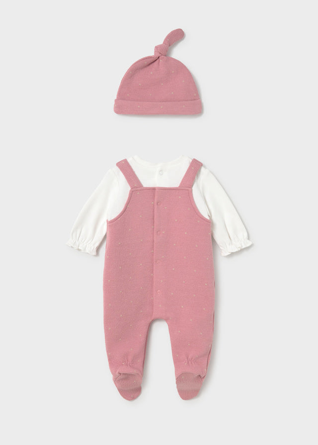 Retro completo 3 pezzi neonata Mayoral con salopette rosa e maglia bianca