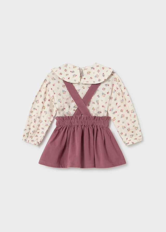 Retro completo Mayoral neonata con blusa floreale e gonna bordeaux con bretelle incrociate