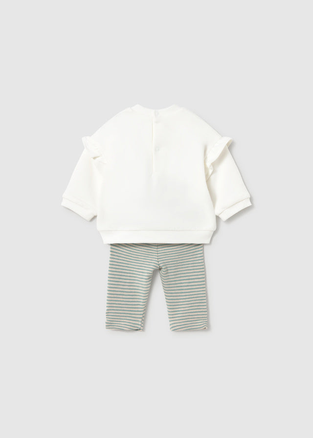 Retro completo neonata Mayoral con felpa écru e leggings a righe verde acqua