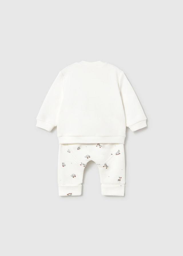 Retro completo neonato Mayoral con felpa écru e pantalone fantasia animaletti