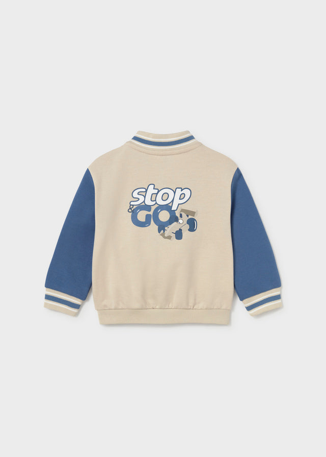 Retro felpa bomber neonato Mayoral beige e blu con stampa Stop Go
