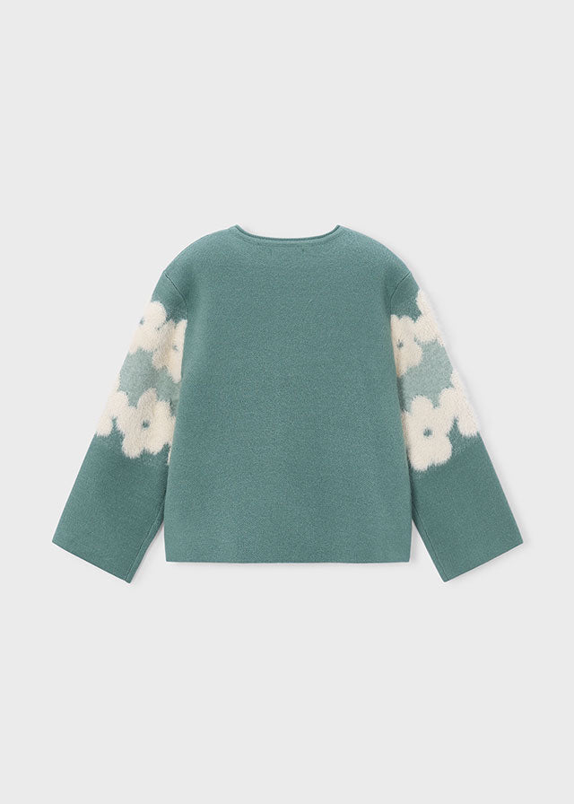 Retro maglione bambina Mayoral verde acqua con fiori sulle maniche