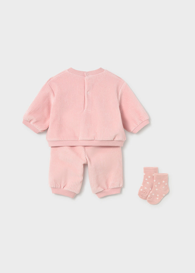 Retro tuta neonata Mayoral rosa 3 pezzi con felpa, pantalone e calzini