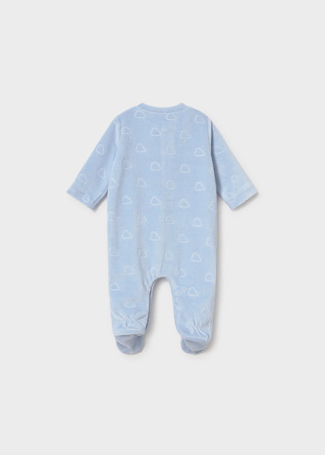 Retro tutina neonato Mayoral in velluto azzurro con fantasia a cuori e maniche lunghe