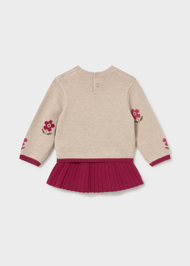 Retro vestito neonata Mayoral beige e bordeaux con gonna plissettata