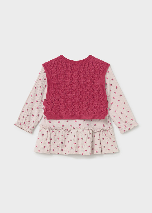 Retro vestito neonata Mayoral con gilet bordeaux e abitino floreale