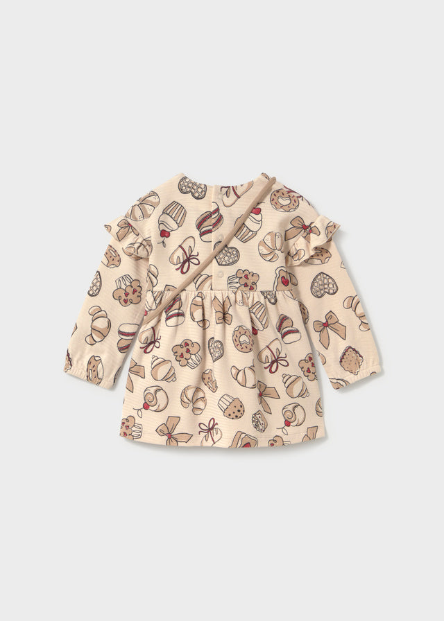 Retro vestito neonata Mayoral écru a manica lunga con fantasia di dolcetti