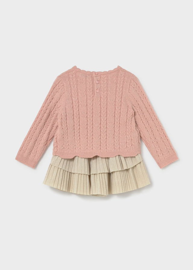 Retro vestito neonata Mayoral rosa cipria con gonna écru plissettata