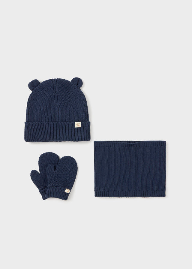 Set 3 pezzi Mayoral per neonato con berretto, scaldacollo e manopole blu navy