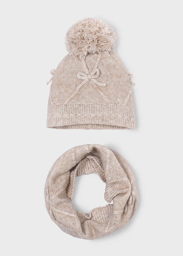 Set Mayoral bambina con berretto e scaldacollo beige melange con fiocco