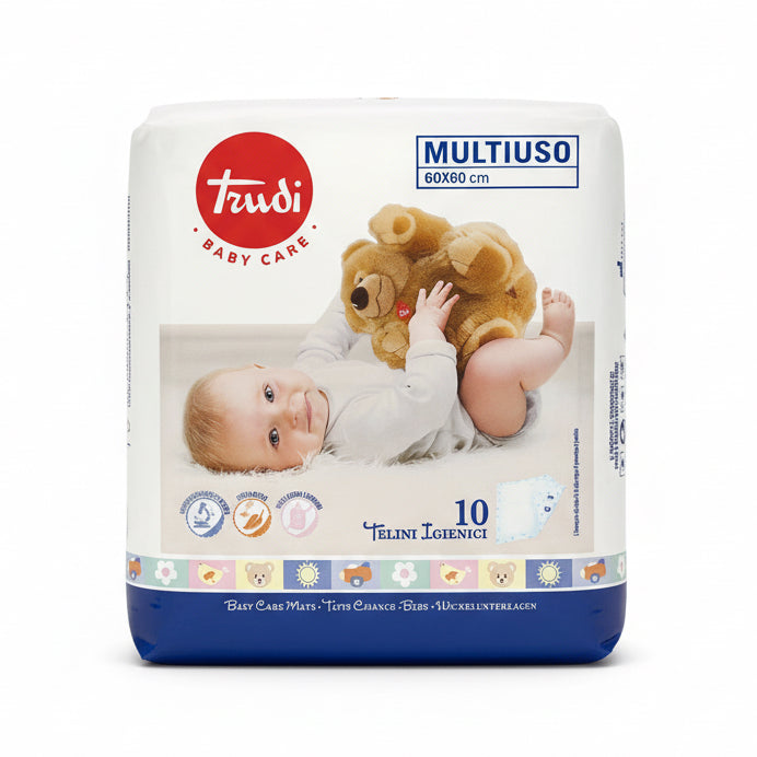 Trudi Baby Care Telini Igienici Multiuso 60×60 cm da 10 pezzi, super assorbenti e ipoallergenici per il cambio del pannolino e la protezione delle superfici.