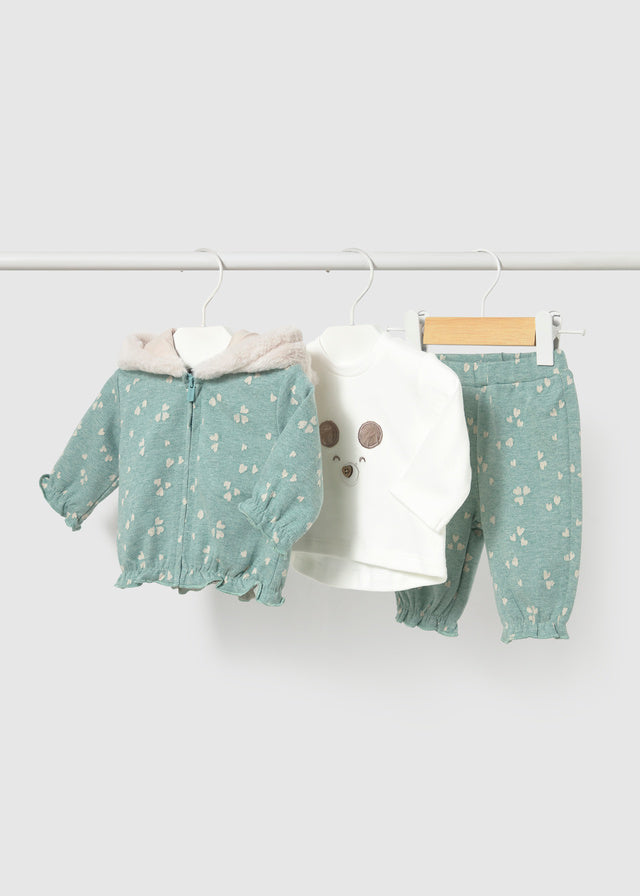 Tuta 3 pezzi neonata Mayoral con giacchina verde acqua floreale, maglia bianca e pantalone coordinato