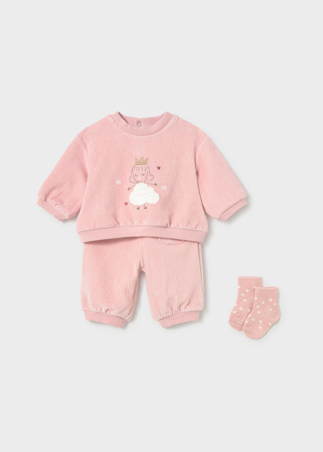Tuta neonata Mayoral 3 pezzi rosa con felpa, pantalone e calzini coordinati