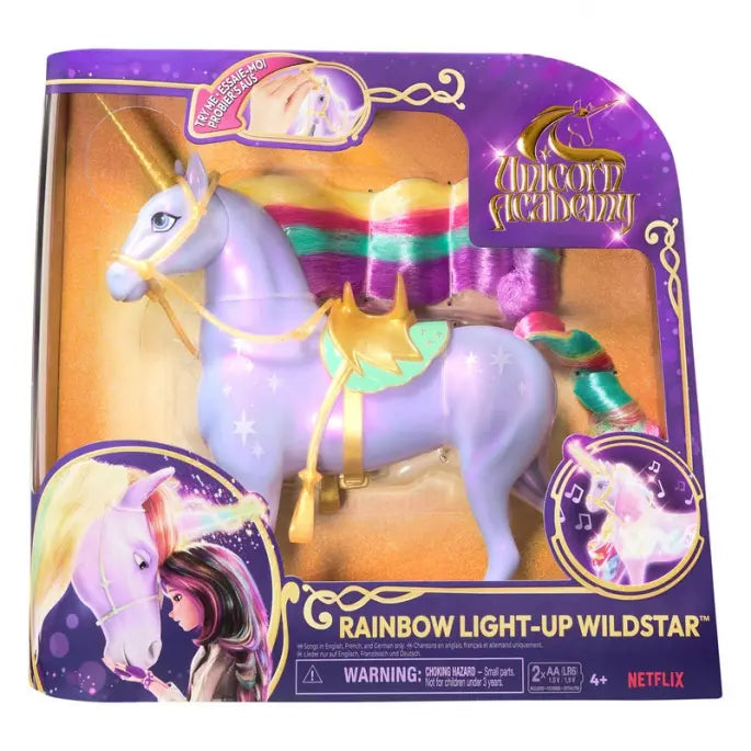  Unicorn Academy Rainbow Light-Up Wildstar, unicorno giocattolo con effetti luminosi e sonori.