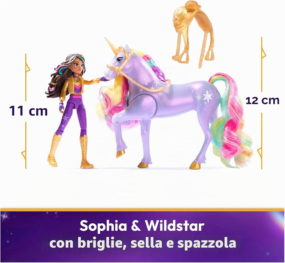 Unicorn Academy Wildstar con effetti luminosi arcobaleno e criniera multicolore.