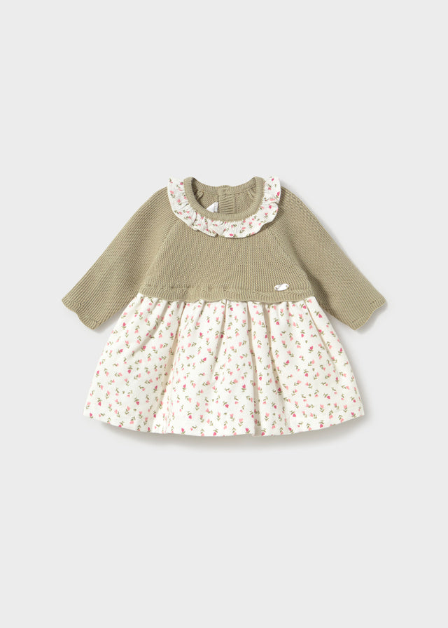 Vestito Mayoral neonata verde salvia con gonna a fiori e colletto volant