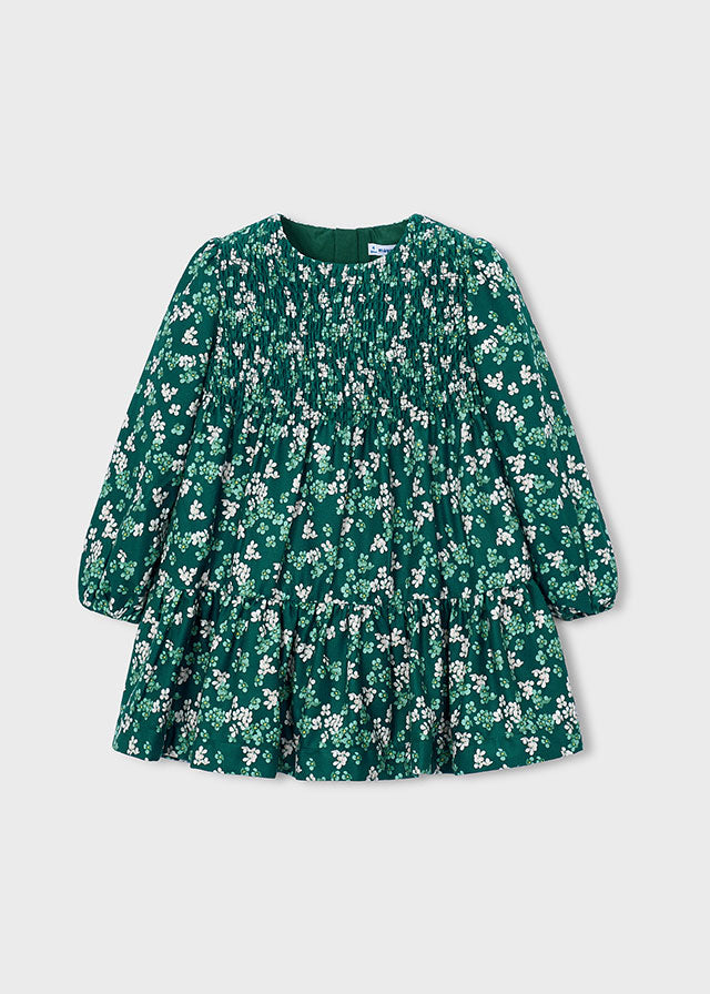 Vestito bambina Mayoral verde floreale con corpetto arricciato e gonna svasata