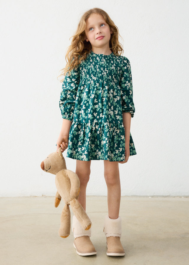 Vestito bambina Mayoral verde in velluto con fantasia floreale e maniche lunghe