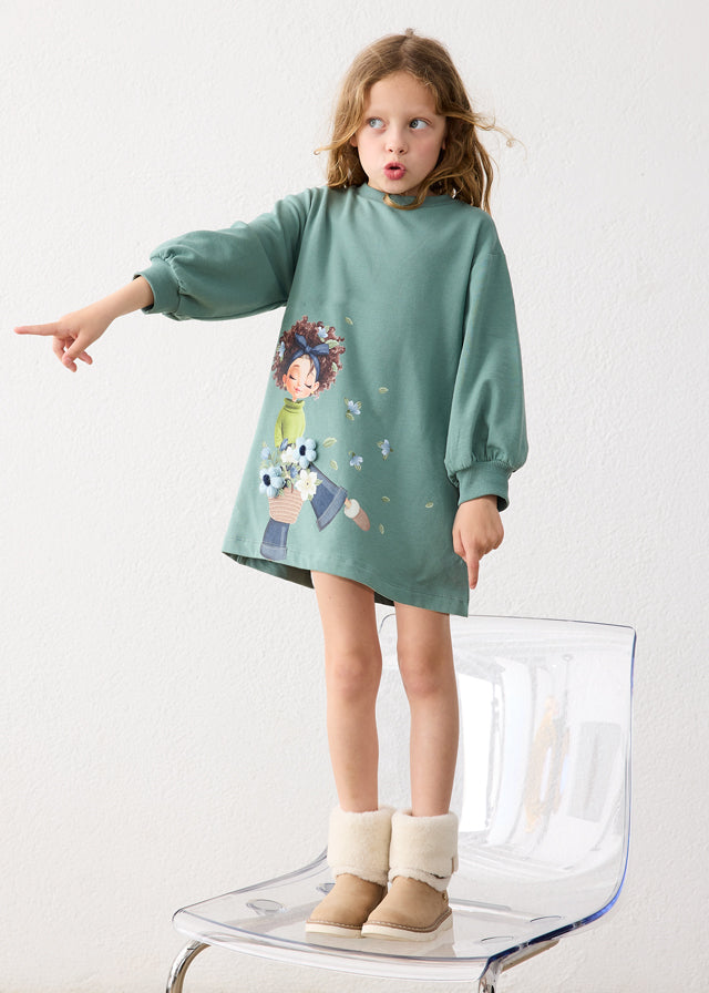 Vestito bambina Mayoral verde salvia con stampa di bambina e fiori