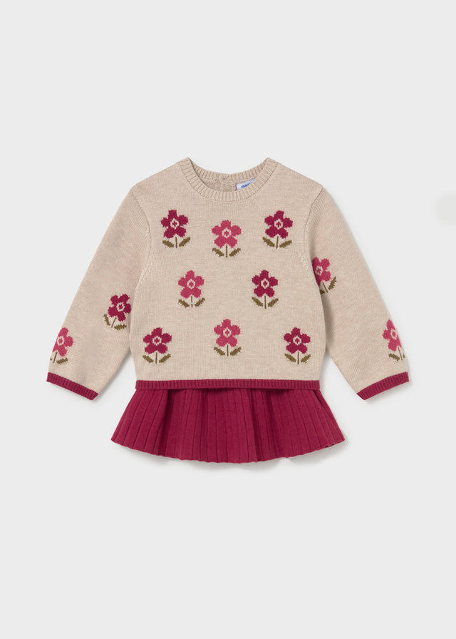Vestito neonata Mayoral beige in maglia con fiorellini bordeaux e gonna plissettata
