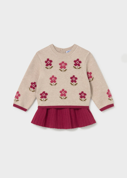 Vestito neonata Mayoral beige in maglia con fiorellini bordeaux e gonna plissettata