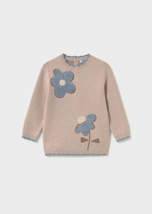 Vestito neonata Mayoral beige rosato in maglia con fiori azzurri applicati