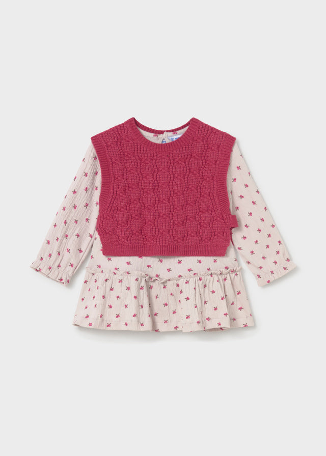 Vestito neonata Mayoral con fantasia floreale écru e gilet in maglia bordeaux