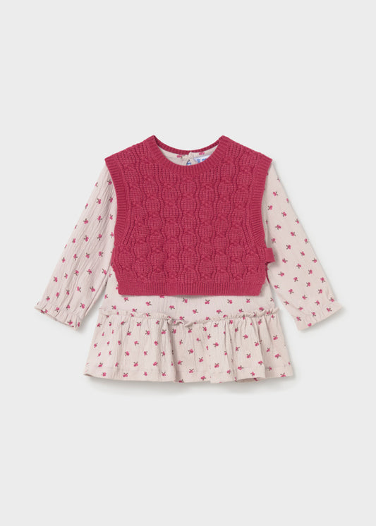 Vestito neonata Mayoral con fantasia floreale écru e gilet in maglia bordeaux