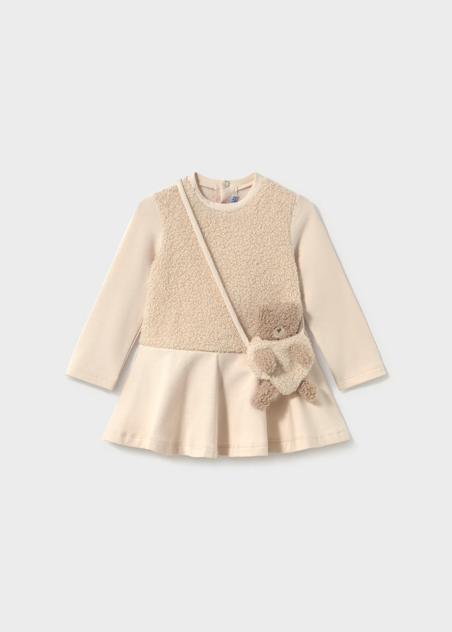 Vestito neonata Mayoral écru con parte superiore effetto teddy e borsetta orsetto coordinata