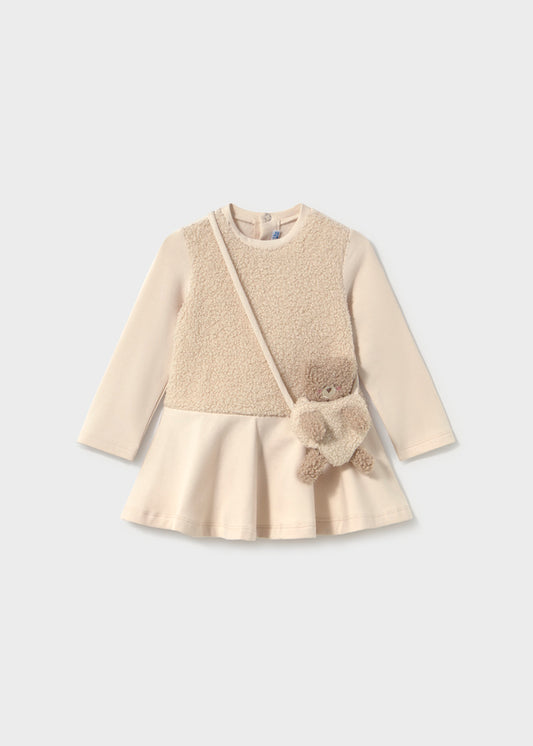 Vestito neonata Mayoral écru con parte superiore effetto teddy e borsetta orsetto coordinata