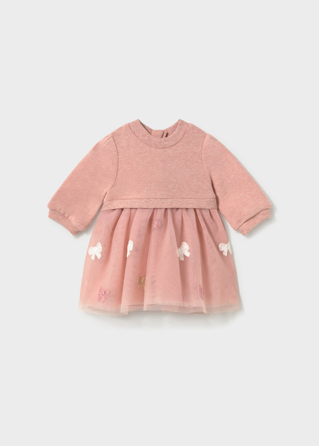 Vestito neonata Mayoral rosa in maglia con gonna in tulle e fiocchi