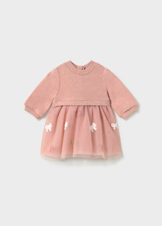 Vestito neonata Mayoral rosa in maglia con gonna in tulle e fiocchi