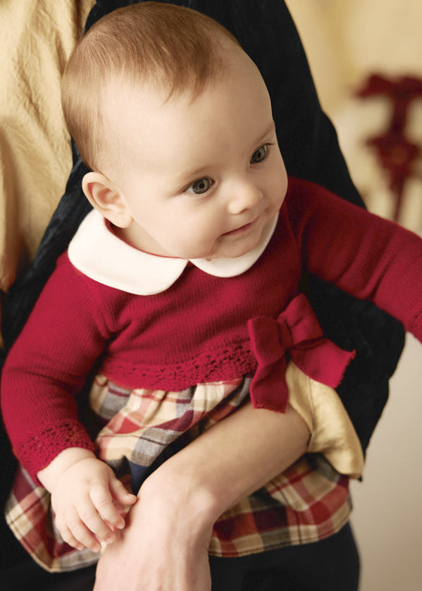 Vestito neonata Mayoral rosso con gonna a quadri e fiocco