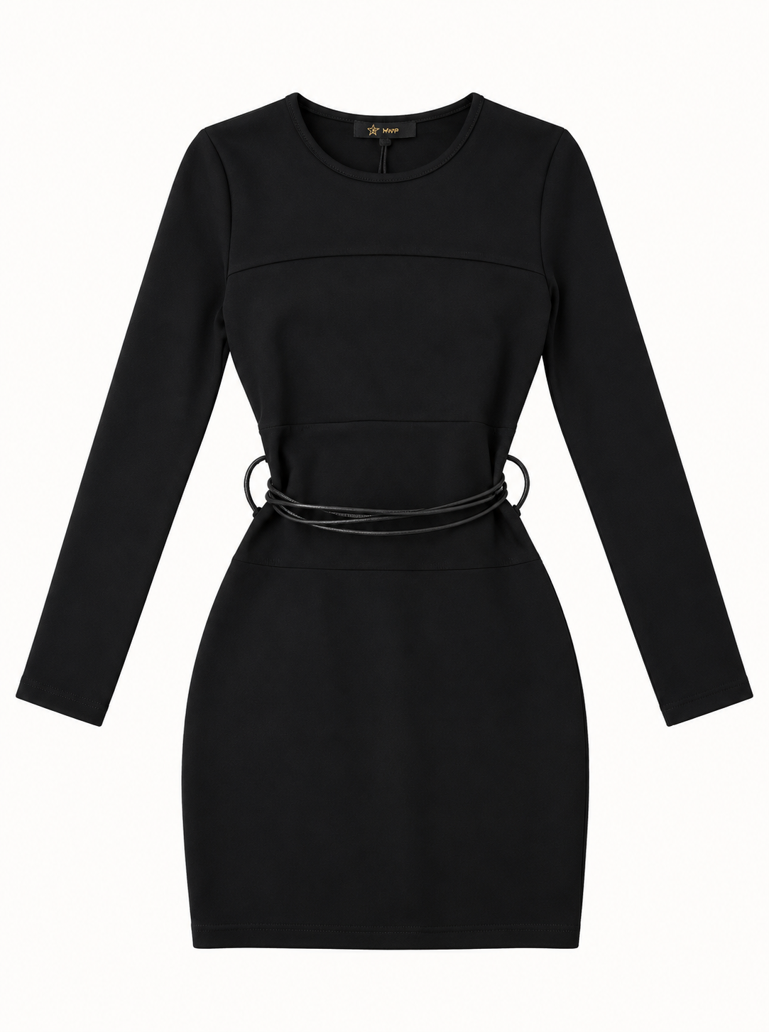 Vestito nero Mavie-Paris per ragazza con maniche lunghe e cintura sottile in vita, vista frontale.