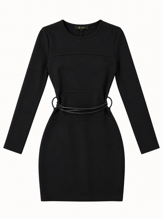 Vestito nero Mavie-Paris per ragazza con maniche lunghe e cintura sottile in vita, vista frontale.