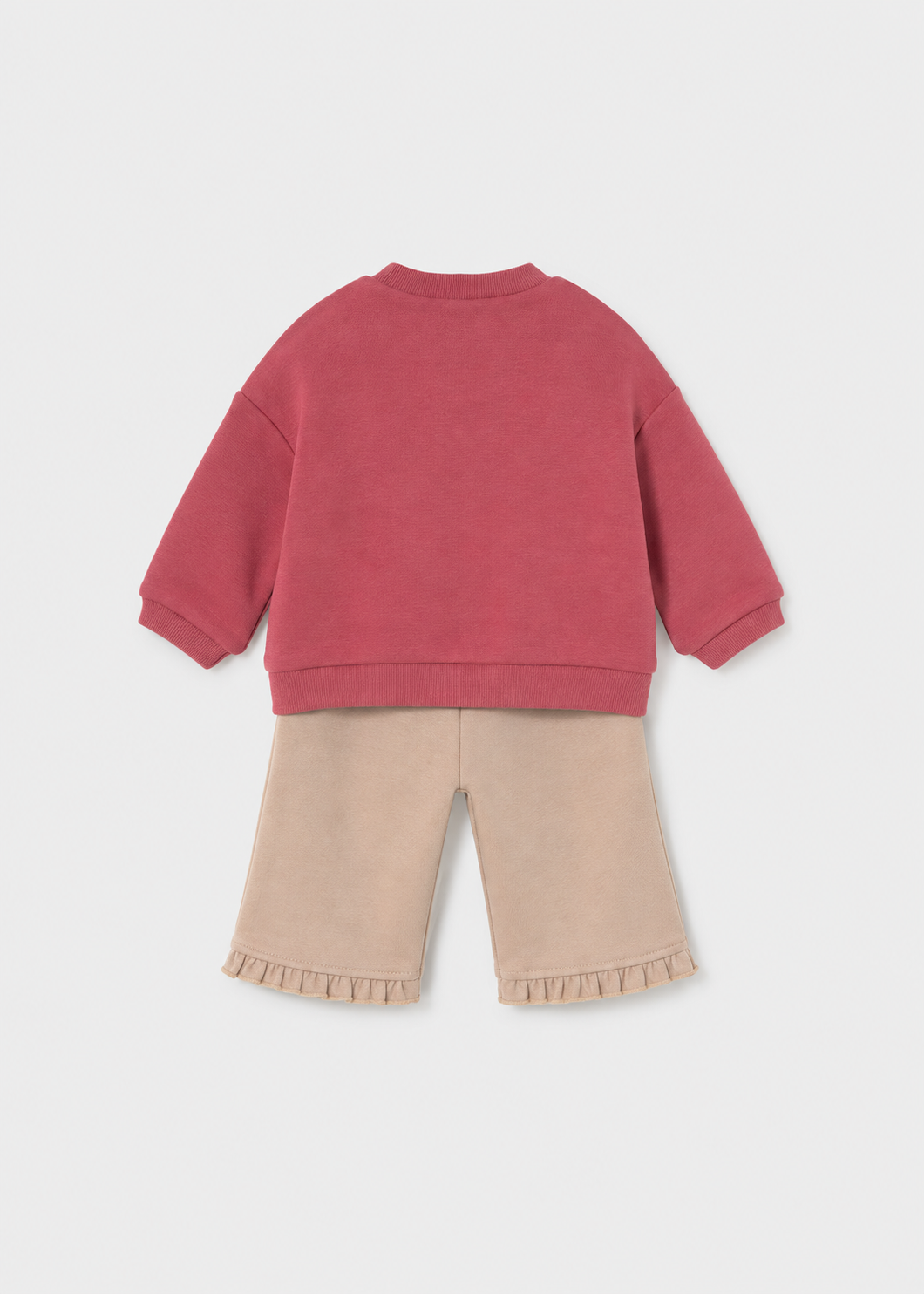 Vista posteriore completo neonata Mayoral con felpa rosa e pantalone beige