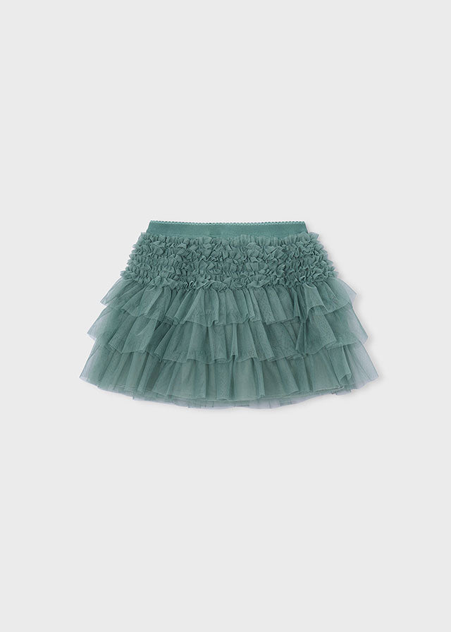 Vista posteriore della gonna bambina Mayoral verde salvia con balze in tulle