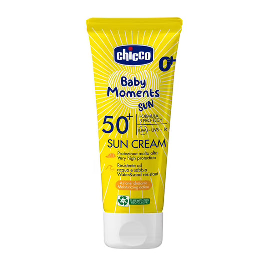 Chicco Crema Solare SPF 50+ 75 ml con protezione molto alta UVA e UVB, ideale per la pelle delicata di neonati e bambini.